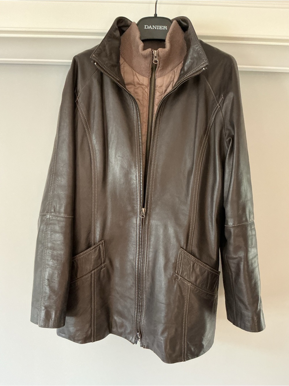 Danier Dark Brown Leather Zip-Front Jacket with Quilted Inner Layer